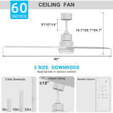 White Ceiling Fans with Lights,60" Modern Ceiling Fan with Remote Control, Modern Reversible DC Motor