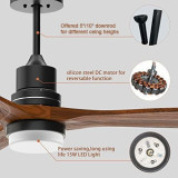 52" Ceiling Fan with Lights Remote Control Outdoor Wood Ceiling Fans Noiseless Reversible DC Motor