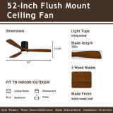 52" Low Profile Ceiling Fan with 3 Wood Fan Blade Flush Mount Ceiling Fan Noiseless Reversible DC Motor -Matte Black