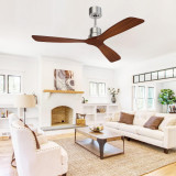 52-Inch Ceiling Fan Without Light 3 Solid Wood Blades, Noiseless DC Reversible Motor and Brushed Nickel, Red Walnut