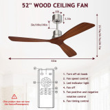 52-Inch Ceiling Fan Without Light 3 Solid Wood Blades, Noiseless DC Reversible Motor and Brushed Nickel, Red Walnut